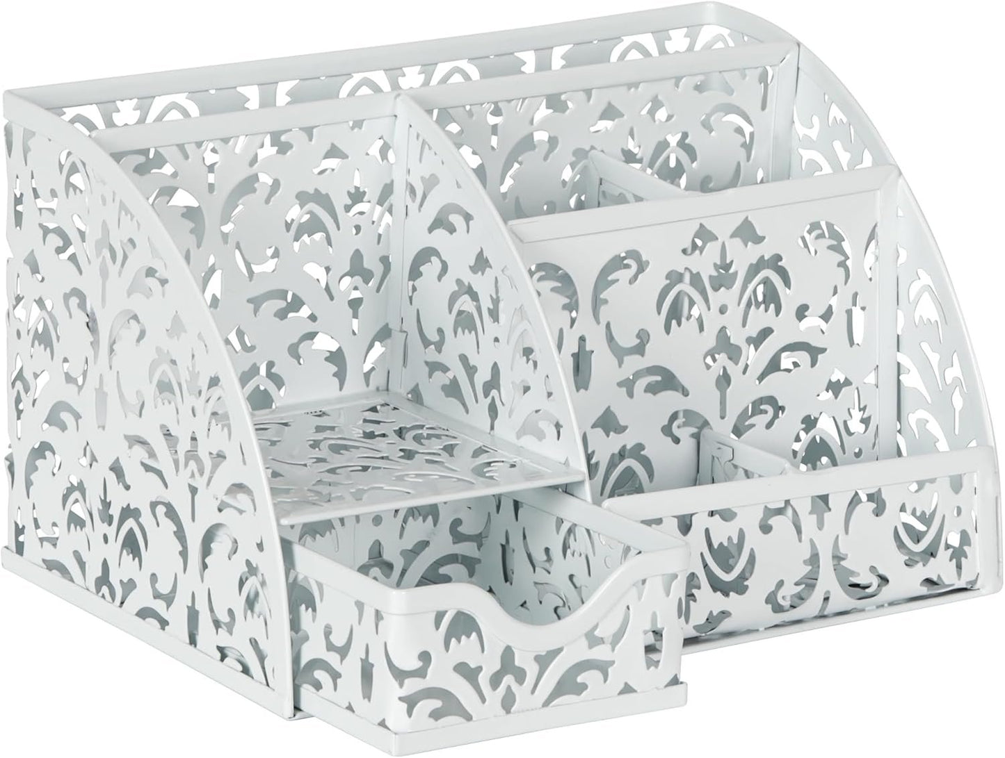 EasyPAG Desk Organizers with Drawer Office Desk Accessories Pen Holder Metal Desk Organizer with 5 Compartments 1 Drawer for Office Supplies,White