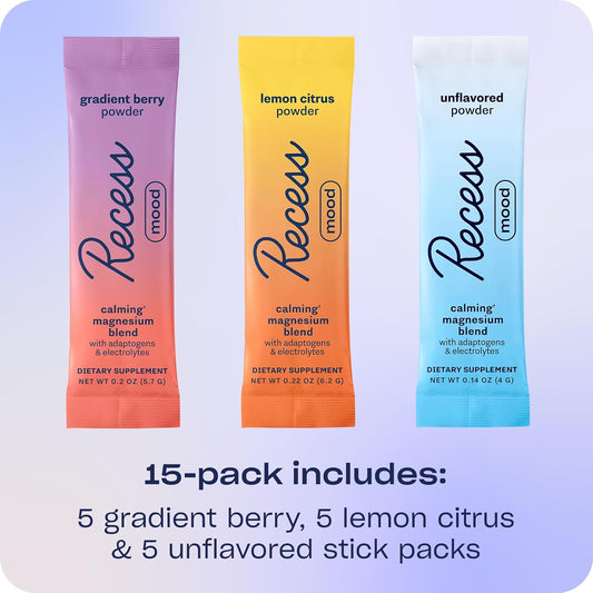 Recess Mood Drink Mix Powder | Sampler Pack | 15ct Box | Calming Magnesium L-Threonate Blend with Passion Flower, L-Theanine, Electrolytes, Magnesium Calm Hydration Support Powder Supplement