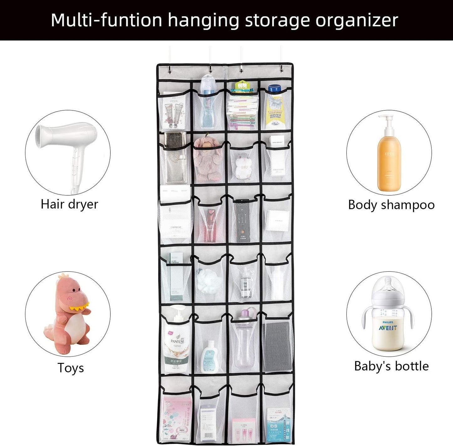 SAVERHO Over The Door Shoe Organizer, Hanging Shoe Organizer with 24 Mesh Large Pockets Door Shoe Rack Organizer for Men Women Kids Hanging Shoe Storage Bag.(White)