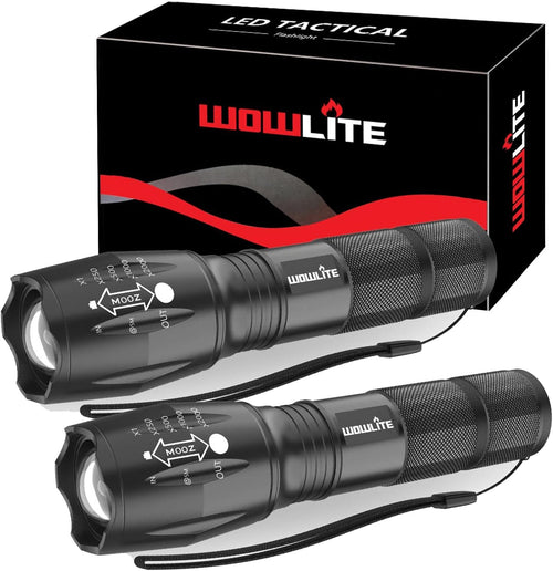 wowlite Tactical Flashlight, Wowlite Ultra Bright XML T6 LED Torch with 5 Light Modes & Adjustable Focus for Emergency Camping Hiking (2 Pack)