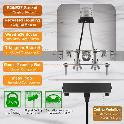 YIIZON R5 and 6 Recessed Can Light Conversion Kit, Fixture Upgrade, Pendant & Hanging Light, Ceiling Fan Compatible, 7¾ Inch Flat Steel Ceiling Medallion, White Finish