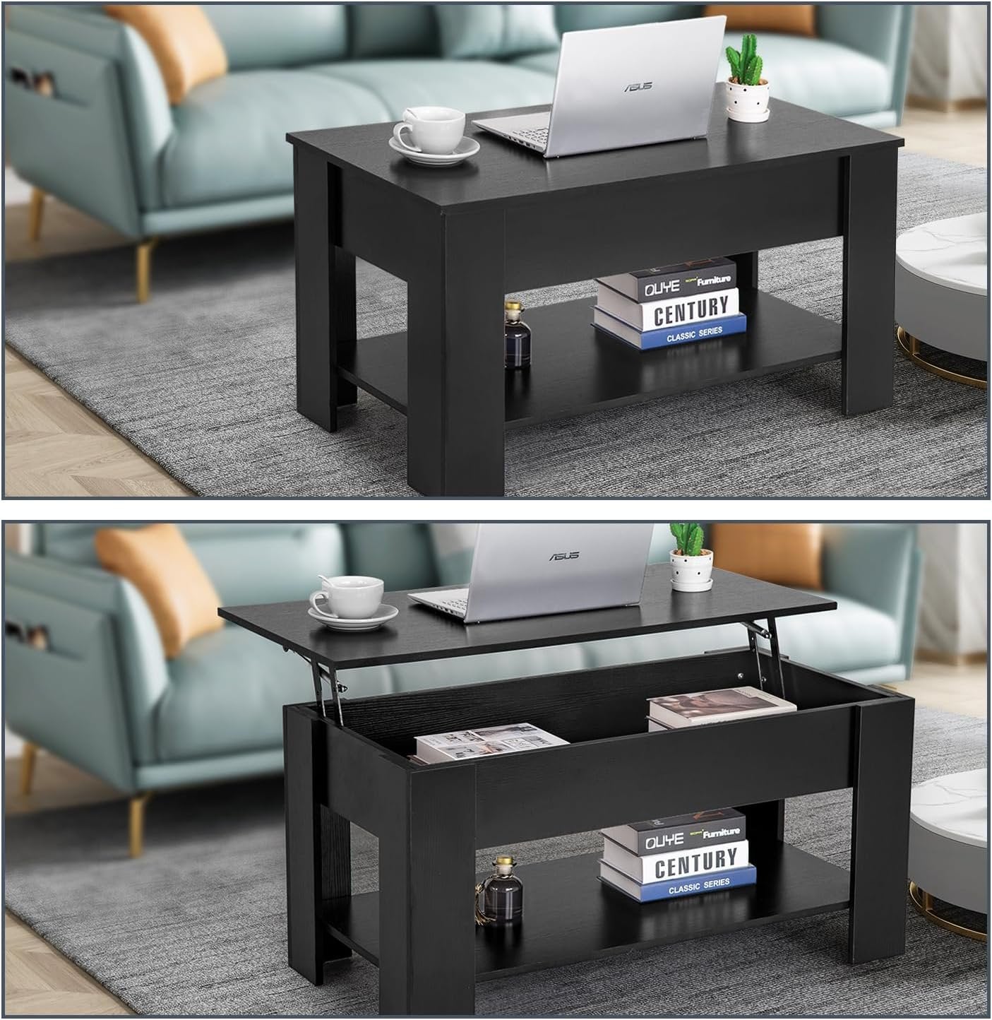 Table Wooden Lift Tabletop Dining Table Coffee Table with Hidden Compartment Storage Shelf Lift Top Coffee Table for Living Room Home- Black