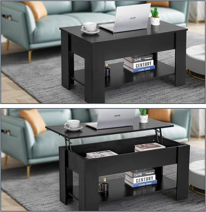 Table Wooden Lift Tabletop Dining Table Coffee Table with Hidden Compartment Storage Shelf Lift Top Coffee Table for Living Room Home- Black