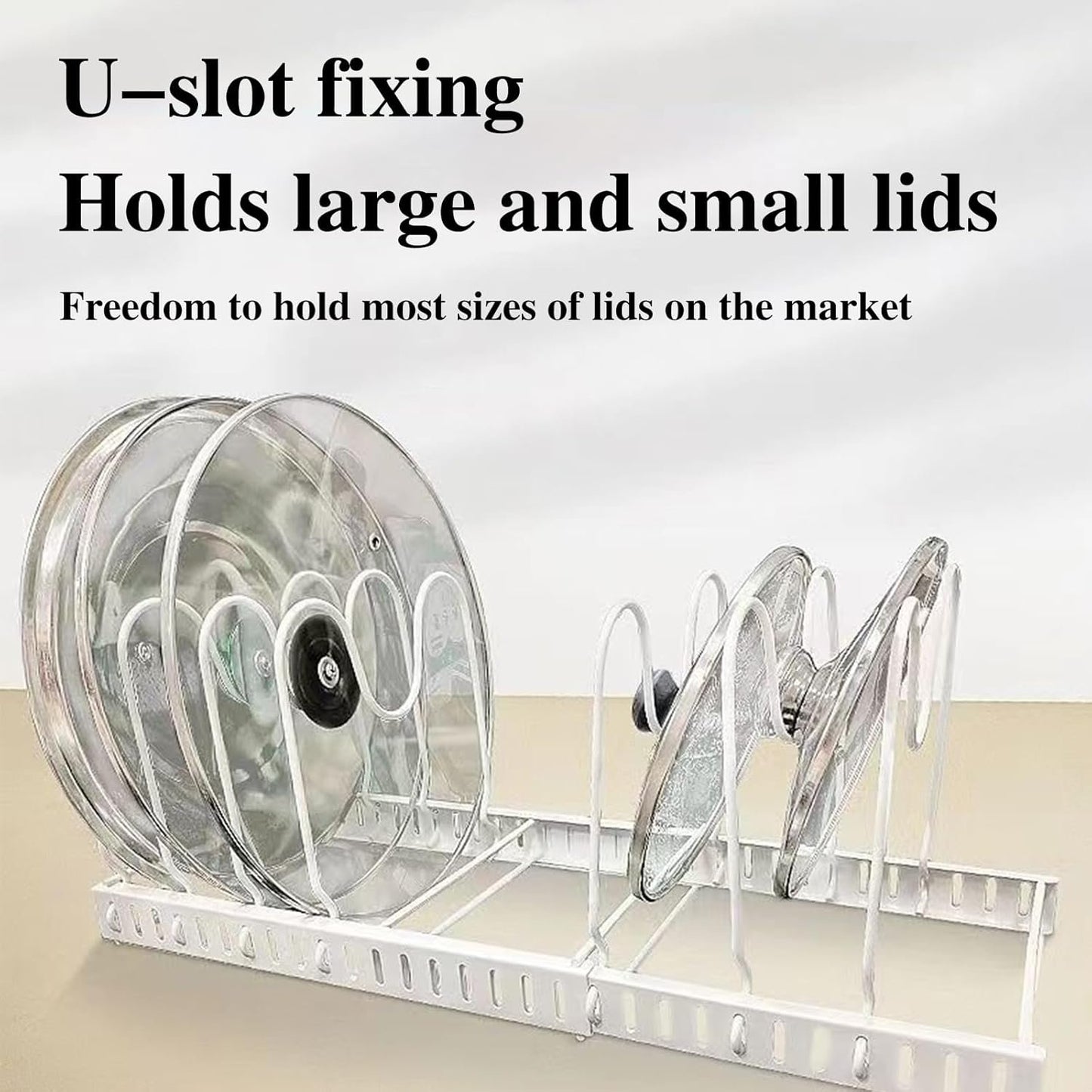 YYBD Pots and Pans Organizer Expandable Pot Rack Organizer Holder with 10 Adjustable Compartment Kitchen Cabinet Cookware Storage Rack for Cutting Board Cast-iron Pan Baking Frying Bakeware, White
