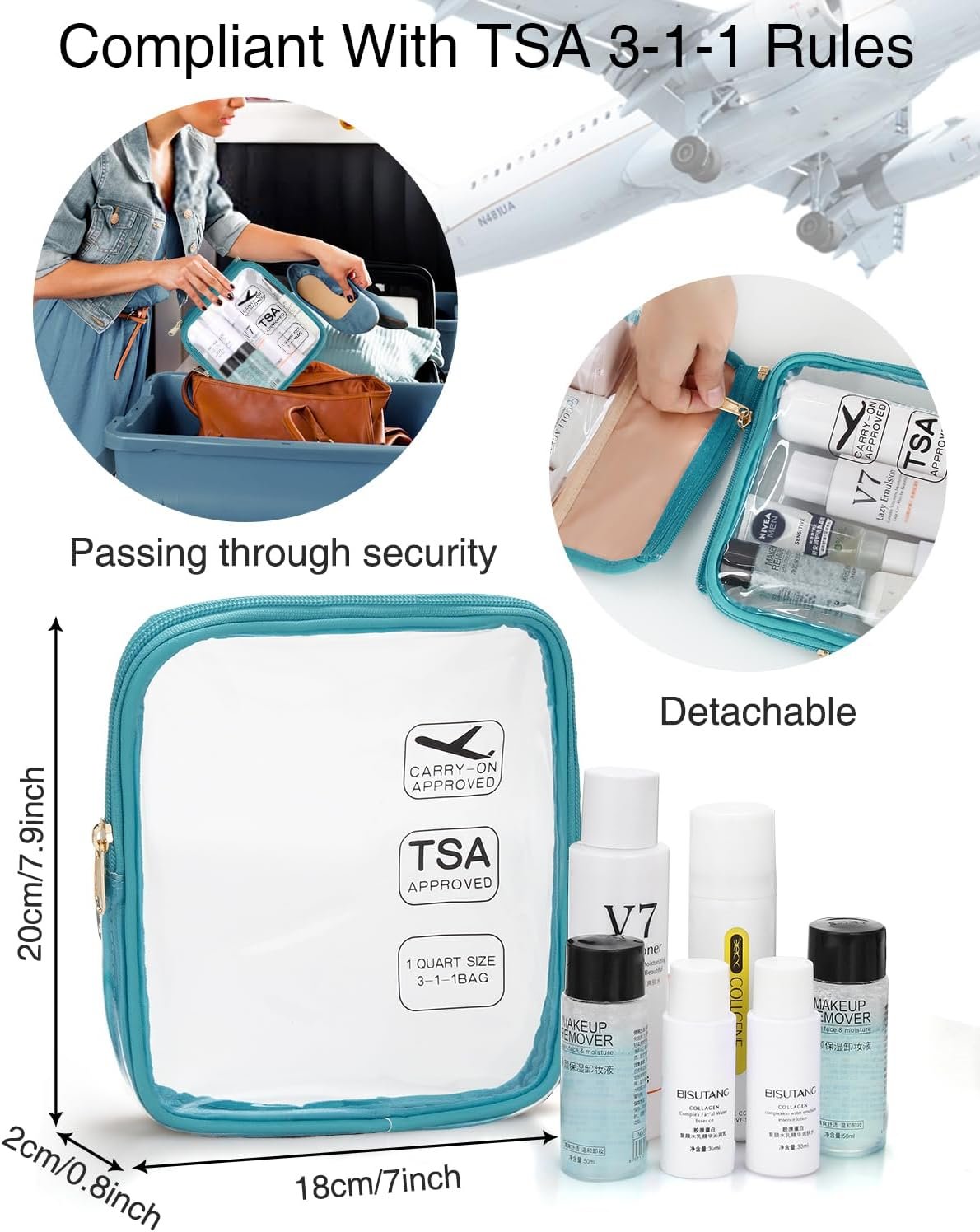 Relavel Travel Toiletry Bag for men women with Detachable TSA Approved Toiletry Bag, Compact Hanging toiletry bag with Small Carry On 3-1-1 Clear Waterproof Travel Bags for Toiletries, D-Blue, A Small