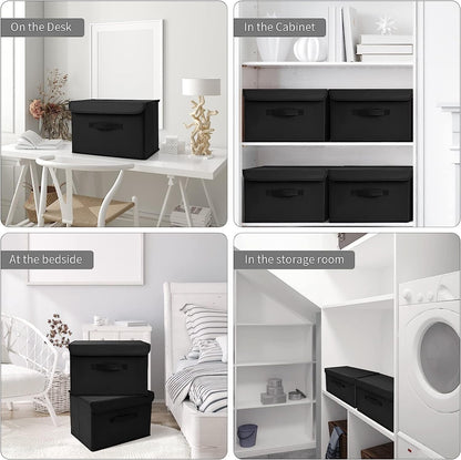 DIMJ 3 Pack Storage Boxes with Lid, Fabric Baskets Closet Storage Bins with Handles Cube Baskets Organization for Home, Office, Nursery(Black)