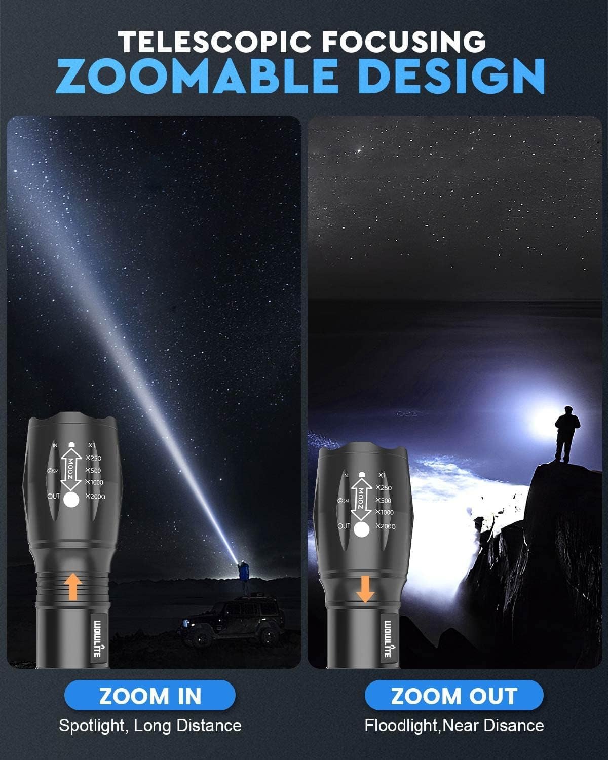 wowlite Tactical Flashlight, Wowlite Ultra Bright XML T6 LED Torch with 5 Light Modes & Adjustable Focus for Emergency Camping Hiking (2 Pack)