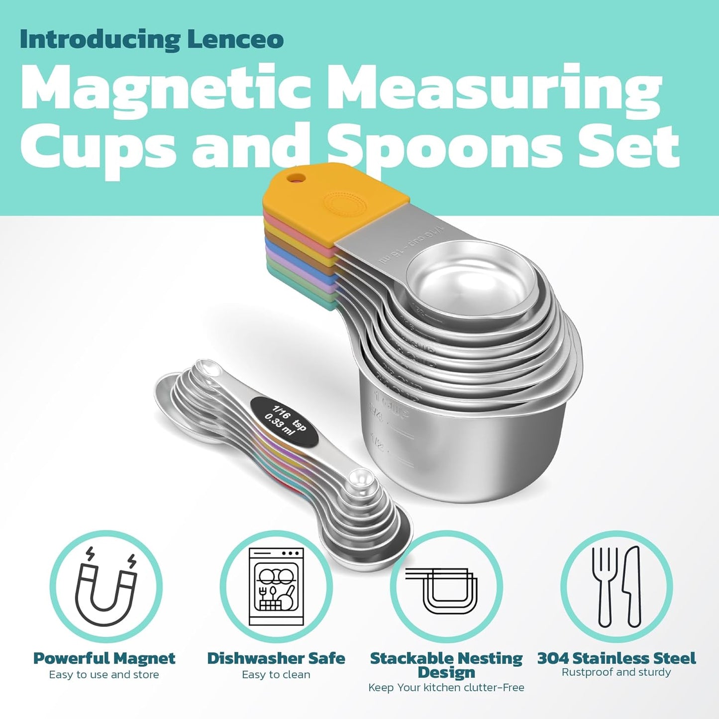 Magnetic Measuring Cups and Spoons Set of 17 - Stackable Stainless Steel Magnetic Measuring Spoons Set with Leveler - Dual Marking Scale Measuring Cup for Dry and Liquid Ingredients - Baking & Cooking