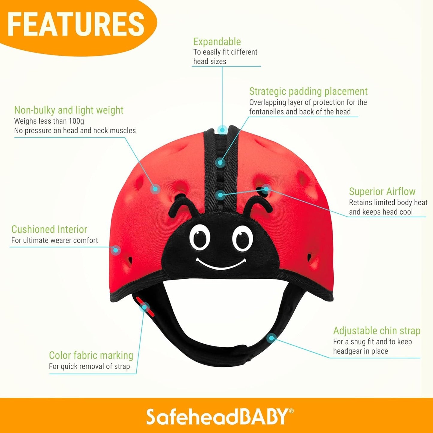 SafeheadBABY Award-Winning Infant Safety Helmet Baby Helmet for Crawling Walking Ultra-Lightweight Baby Heagear Expandable and Breathable Toddler Soft Helmets - Ladybird Pink