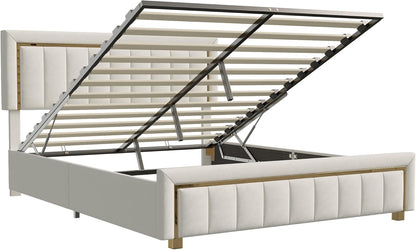 BRILVERDE Double Padded Bed, 160 x 200 cm, Bed Frame with Storage Compartment and Slatted Base, Hydraulic Bed with Headboard, Velvet (Open White, 160 x 200 cm)