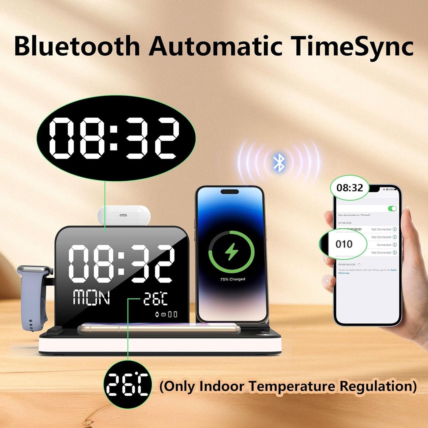 7 in 1 Wireless Charging Station, Fast Charger Station with Dual Phone, Bluetooth TimeSync, Temperature, Touch Night Light,33W Adapter for Phone 16/15/14/13/12 All Series & iWatch