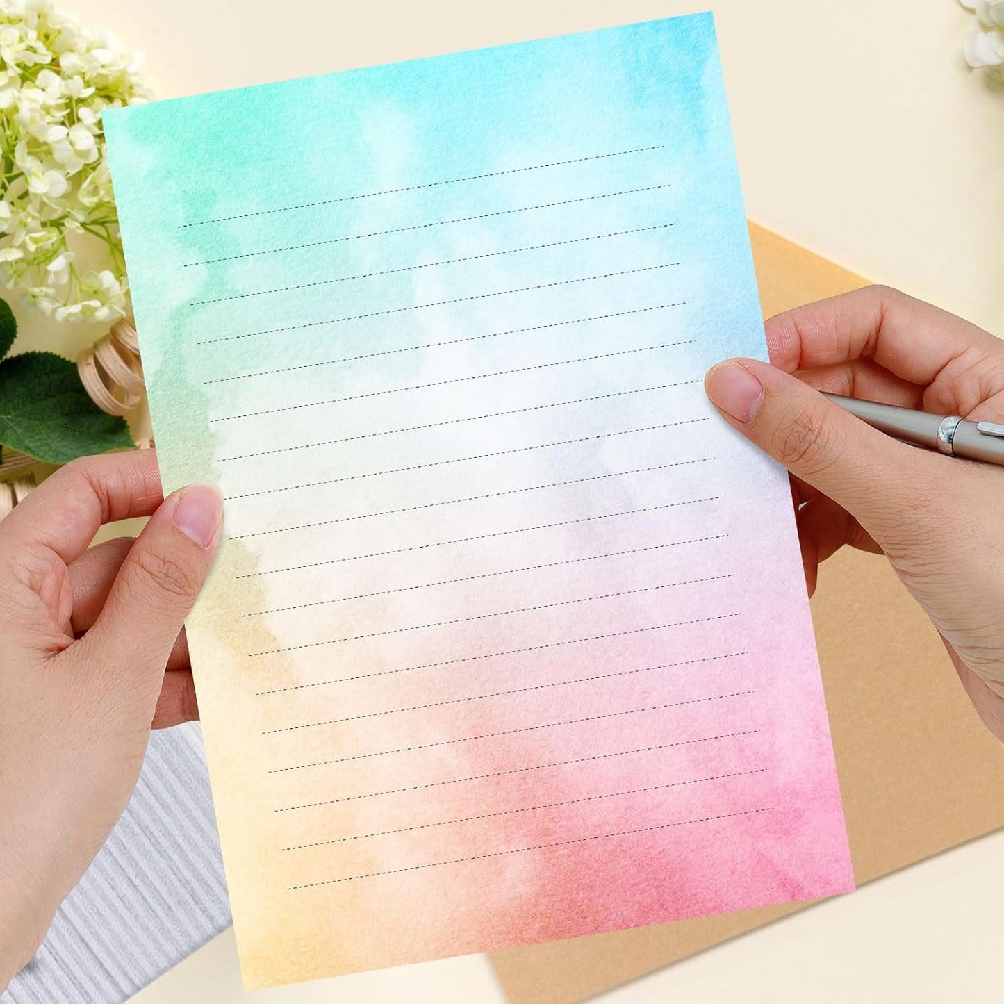 Watercolor Stationary Paper and Envelopes Set, 24 PCS Colorful Writing Stationery Paper with 12 PCS Envelopes,Pretty Watercolor Styles Stationery Printed Design for Love Letter, Party Invitations