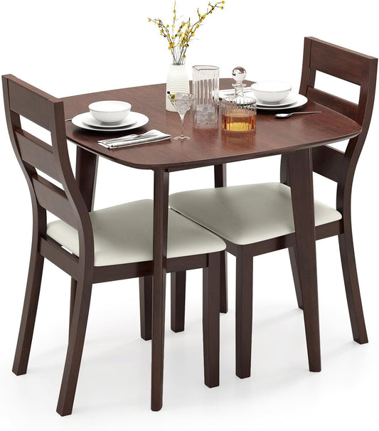 Giantex 3-Piece Dining Table Set for 2, Wooden Square Kitchen Table and 2 Chairs with Padded Seat, Ladder Back, Space-Saving Dinette Set for Small Spaces, Living Room, Dining Room