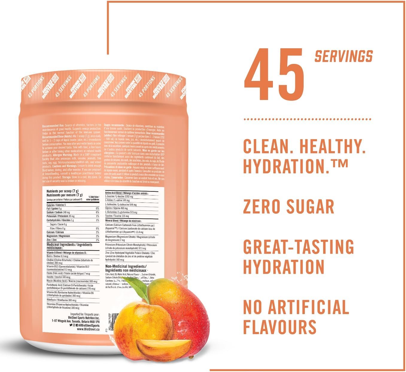 BioSteel Sports Hydration Mix, Great Tasting Hydration with Zero Sugar, and No Artificial Flavours or Preservatives, Peach Mango Flavour, 45 Servings per Tub