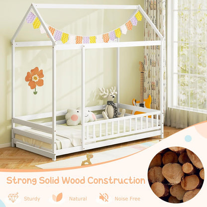 IFANNY Twin Floor Bed, Wooden House Bed with Safety Fence and Roof, Wood Twin Size Platform Playhouse, Low Montessori Bed Frame for Kids, Boys, Girls (White)