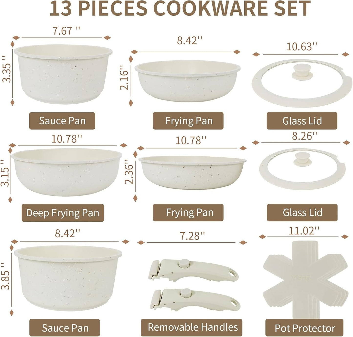 YASHE 13-Piece Pots and Pans Set, Nonstick Granite Cookware Set, Detachable Handle Pots and Pans, PFAS and PFOA-Free, Easy Clean Kitchen Cookware Set, Eco-Friendly, Perfect for RV and Kitchen use