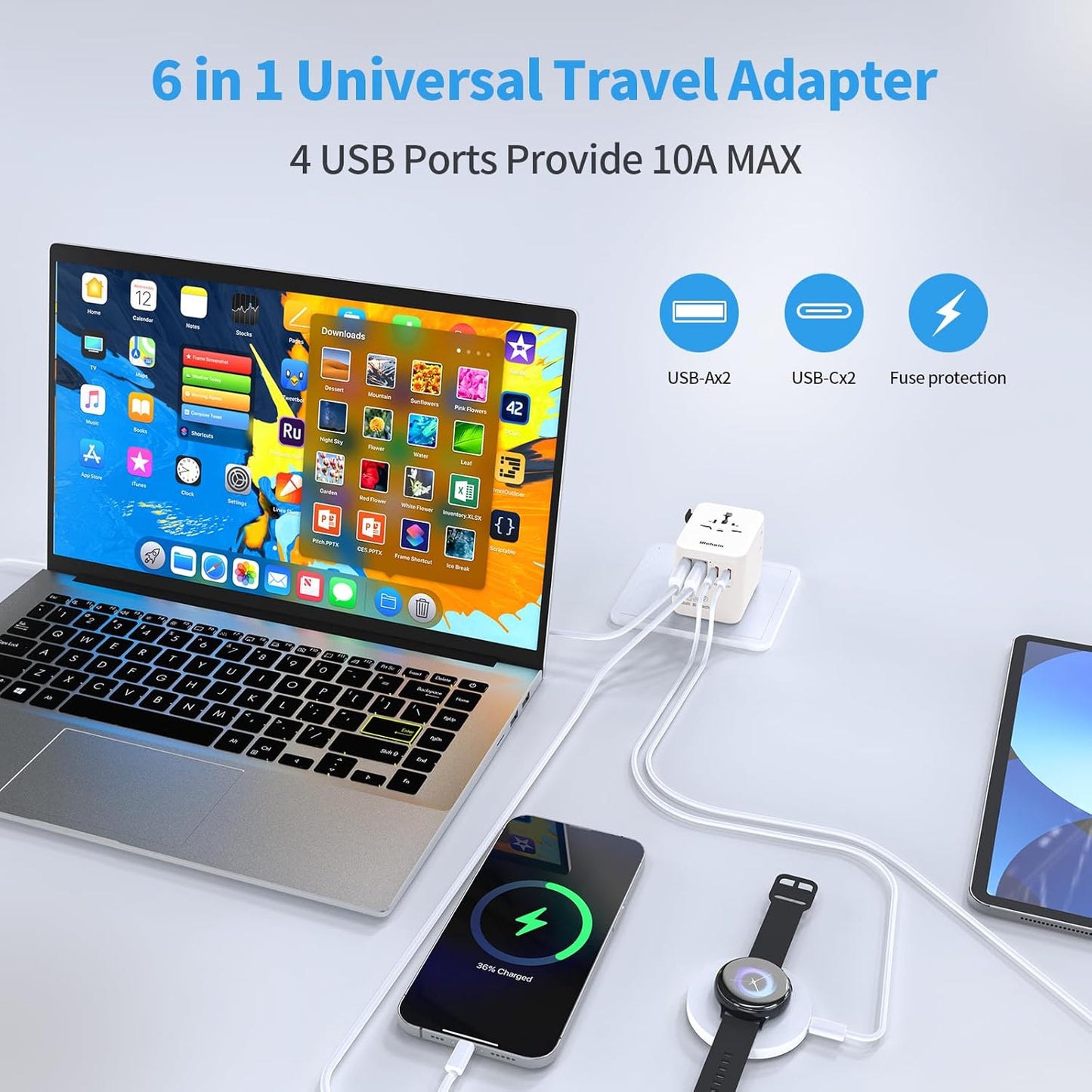 Hichain Universal Travel Socket 70W PD Fast Charging Travel Adapter 2 USB-A Ports 2 USB-C Ports International Travel Plug All-in-one Wall Adapter for USA EU UK AUS