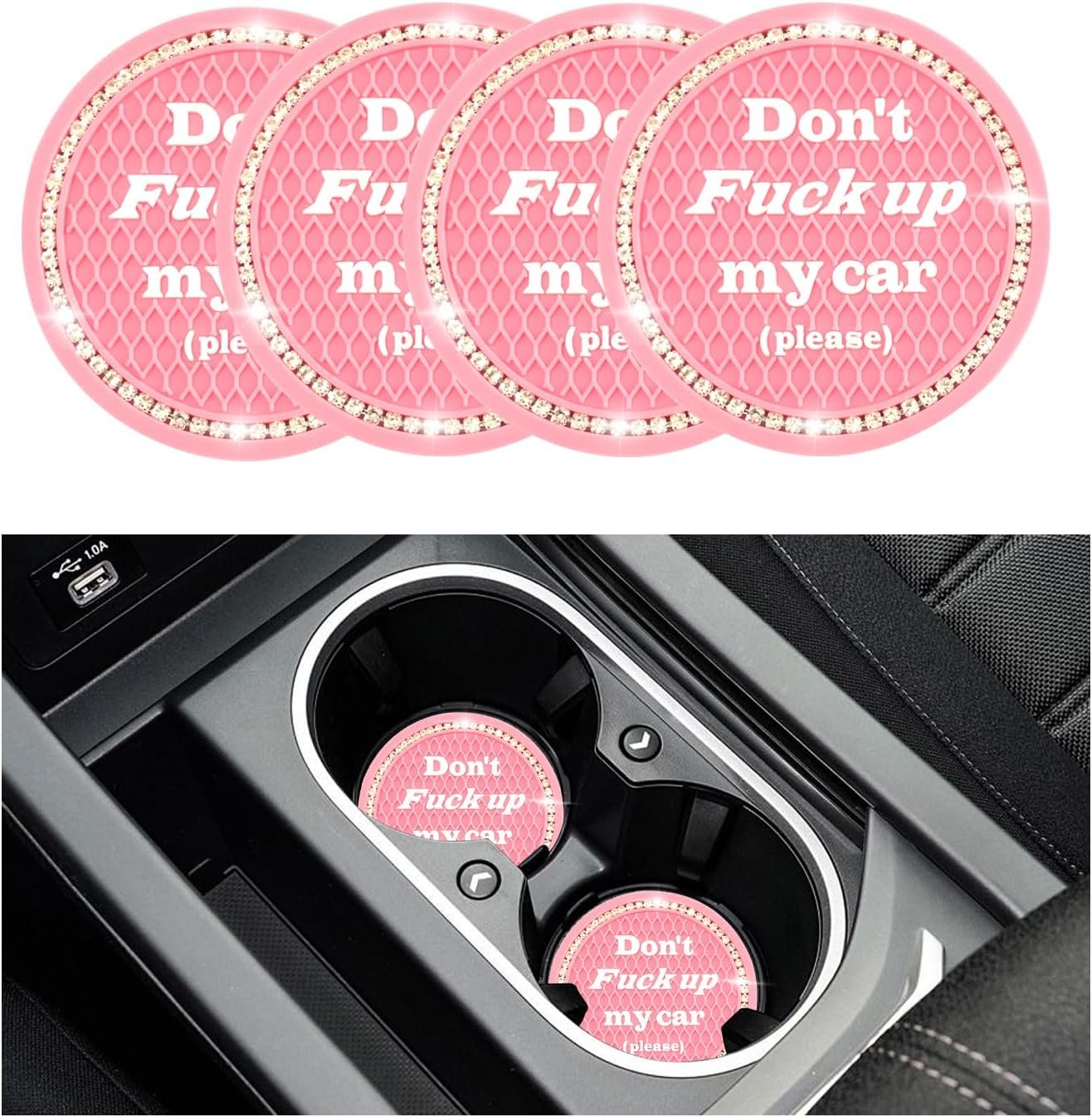 Sylvil 4 PCS Bling Car Cup Coaster, 2.75 Inch Anti-Slip Cup Holder Insert Coasters, Universal Crystal Rhinestone Auto Drink Car Cup Mat, Interior Car Accessories for Women Girls (Pink)