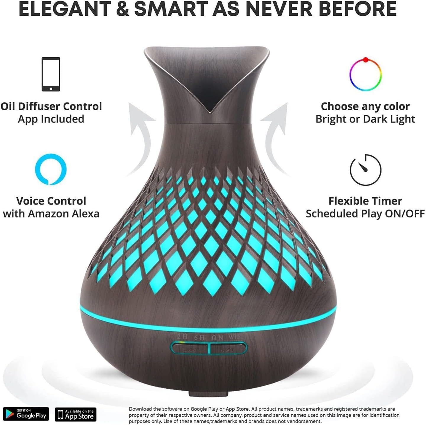 SAIHGUUI Smart WIFI Essential Oil Diffuser, 500ml Aromatherapy Diffuser Humidifier for Large Room, Works with Phone App & Alexa Google Home Voice Control, 7 LED, Create Schedules and 4 Timer, Auto Shut-Off,Dark wood