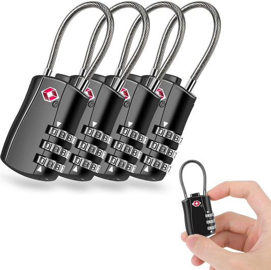 MAEZOE 4 Pack TSA Approved Luggage Locks, Combination Travel Cable Lock, 3-Digit Waterproof Padlock with Alloy Body, Keyless Resettable Suitcase Locks for Travel, Lockers, Bags, Backpack, Gym