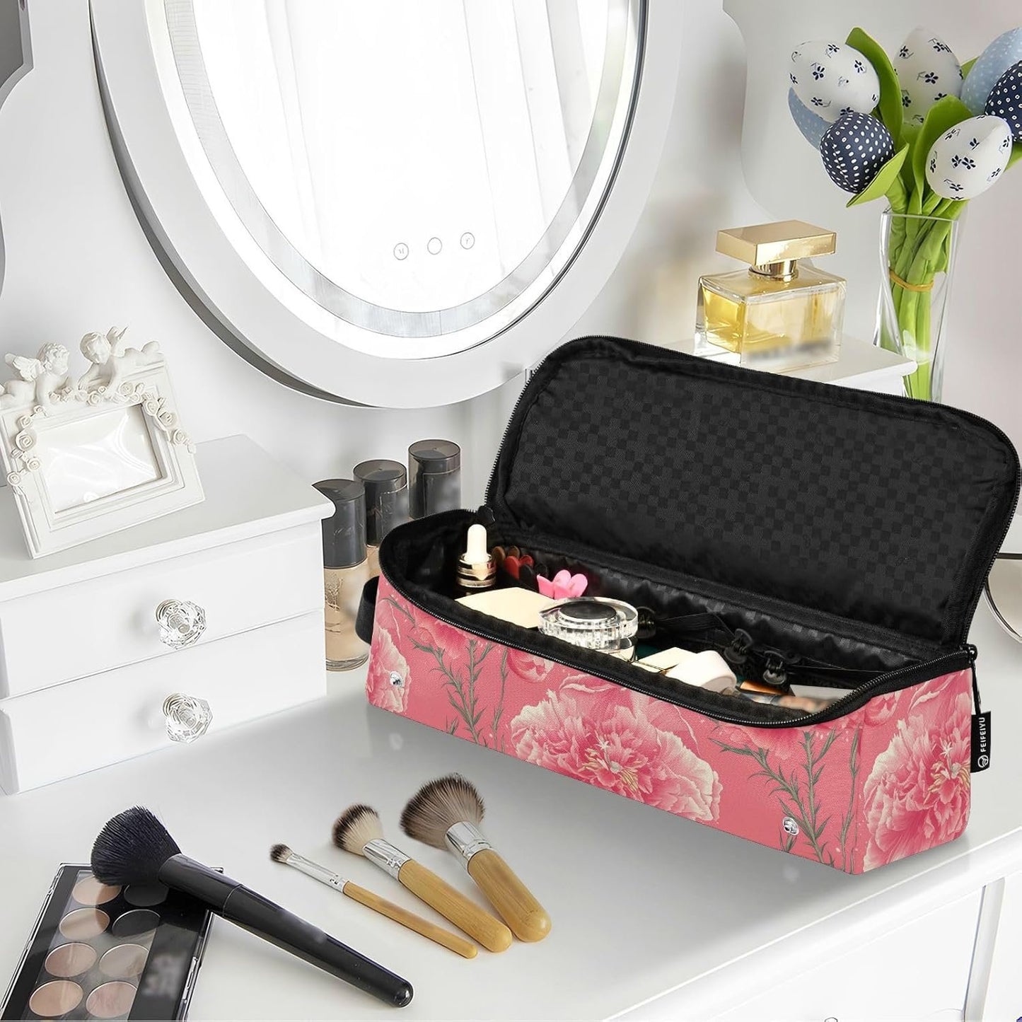 Grande garofano rosa 2 in 1 organizer per strumenti per capelli con tappetino in ferro grande custodia da viaggio per ferro piatto strumenti caldi e accessori per la cura dei capelli, essenziali da