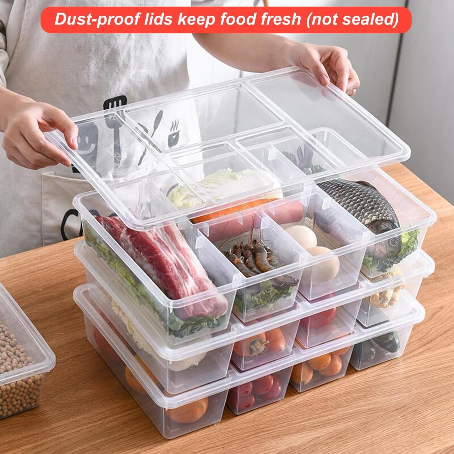 Taiuloo 2 Pack Divided Veggie Tray with Lid, 5 Compartment Snackle Box Container, Clear Salad Bar Fridge Organizer, Plastic Food Storage Containers for Snack, Fruit, Vegetable, Meal Prep