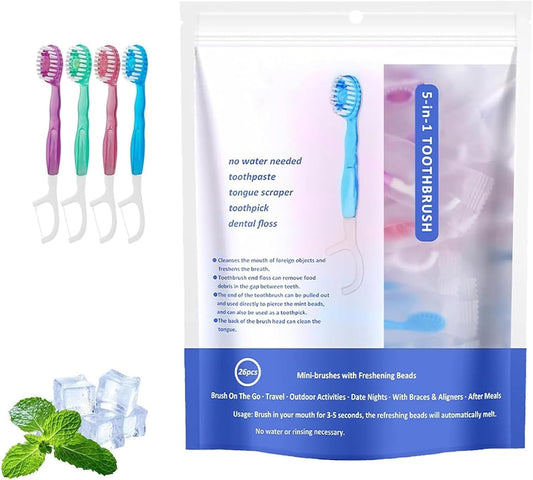 5 in 1 Mini Toothbrush & Floss & Tongue Scraper & Toothpick Set, Individually Wrapped, Portable Oral Care for Travel Work, Mix 4 Flavors (1 Pcs)
