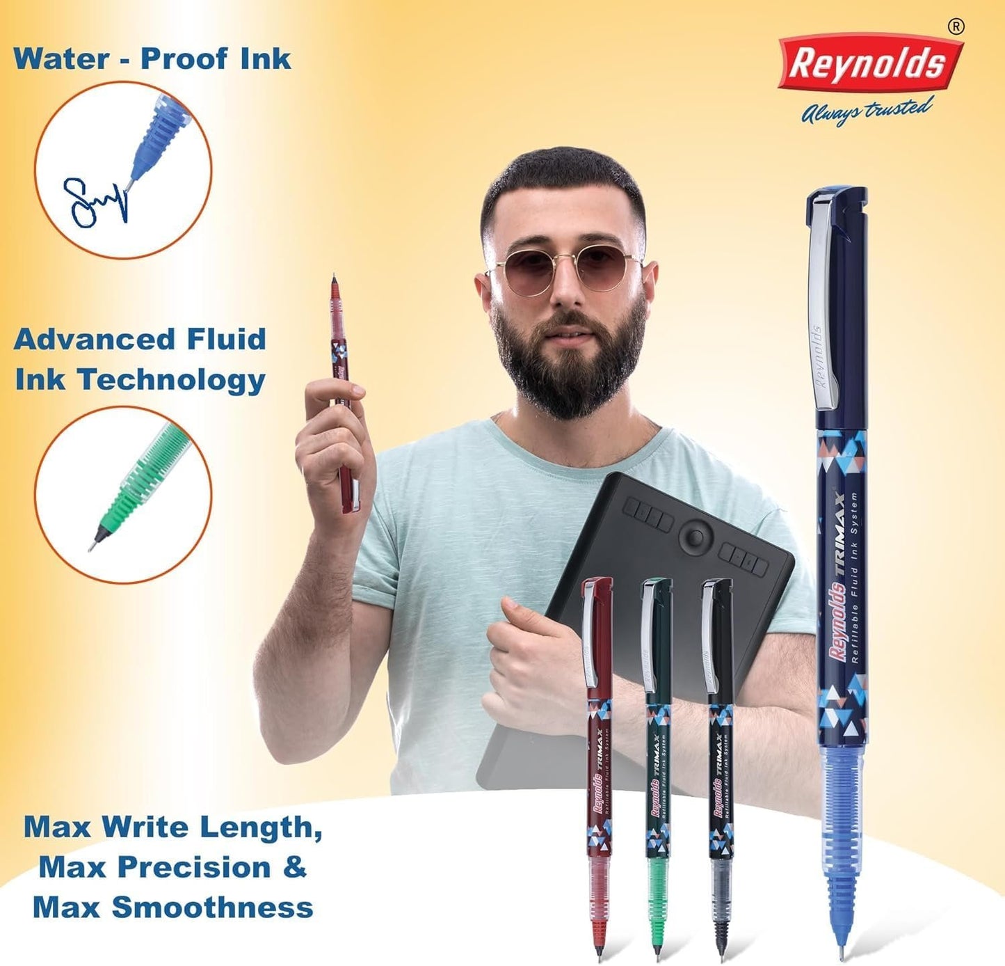 Reynolds TRIMAX BLUE - 5 COUNT | Roller Ball Point Pen set With Comfortable Grip | Pens For Writing | School and Office Stationery | 0.5mm Tip