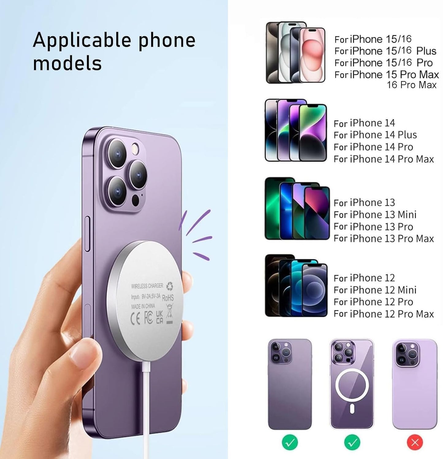 Magnetic Wireless Charger Compatible with Mag Safe Charging,15W Fast Wireless iPhone Charger Pad for iPhone 16/15/14/13/12(Pro,Max,Plus,Mini), Mag Safe Case,AirPod4,3,2,Pro
