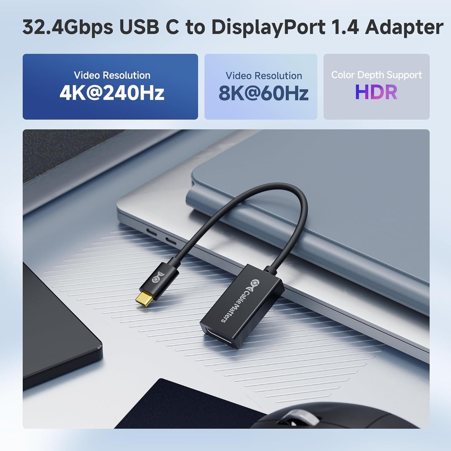 Cable Matters USB C to DisplayPort Adapter (USB C to Displayport 1.4) with 8K@60hz, 4K@144hz, HDR Support - Thunderbolt 4&3/USB4 Port Compatible with Oculus Rift S, MacBook Pro, Dell XPS, Surface Pro