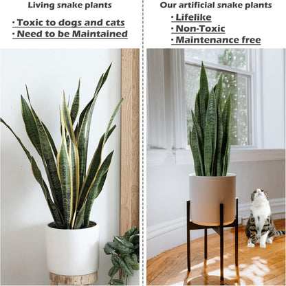 Worth Garden 3ft Artificial Snake Plant Fake Sansevieria Indoor Outdoor, 28 Thick Leaves Lifelike Faux Silk Plant, Home Decor Mother in Law Tongue Plant 35in, Black Pot & 20g Dry Moss Included, Green