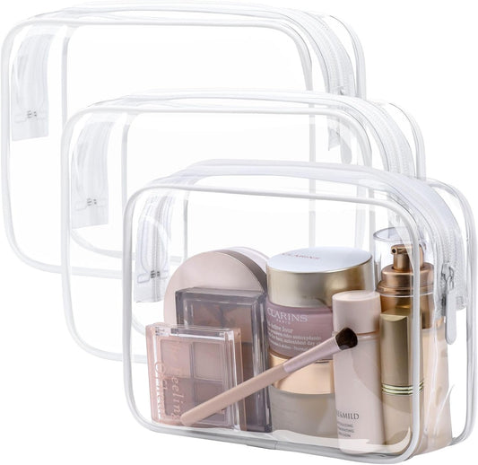 PACKISM Clear Toiletry Bag, 3 Pack TSA Approved Toiletry Bag Quart Size Bag, Travel Makeup Cosmetic Bag for Women Men, Carry on Airport Airline Compliant Bag, White (for Age 12 or Above)