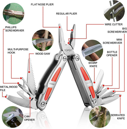 TOPEX 16-in-1 Multitool Pliers & Knife Set Professional Stainless Steel Multi-Function Tool with Safety Locking Folding Knife Pocket Knife for Camping Hiking Survival Fishing
