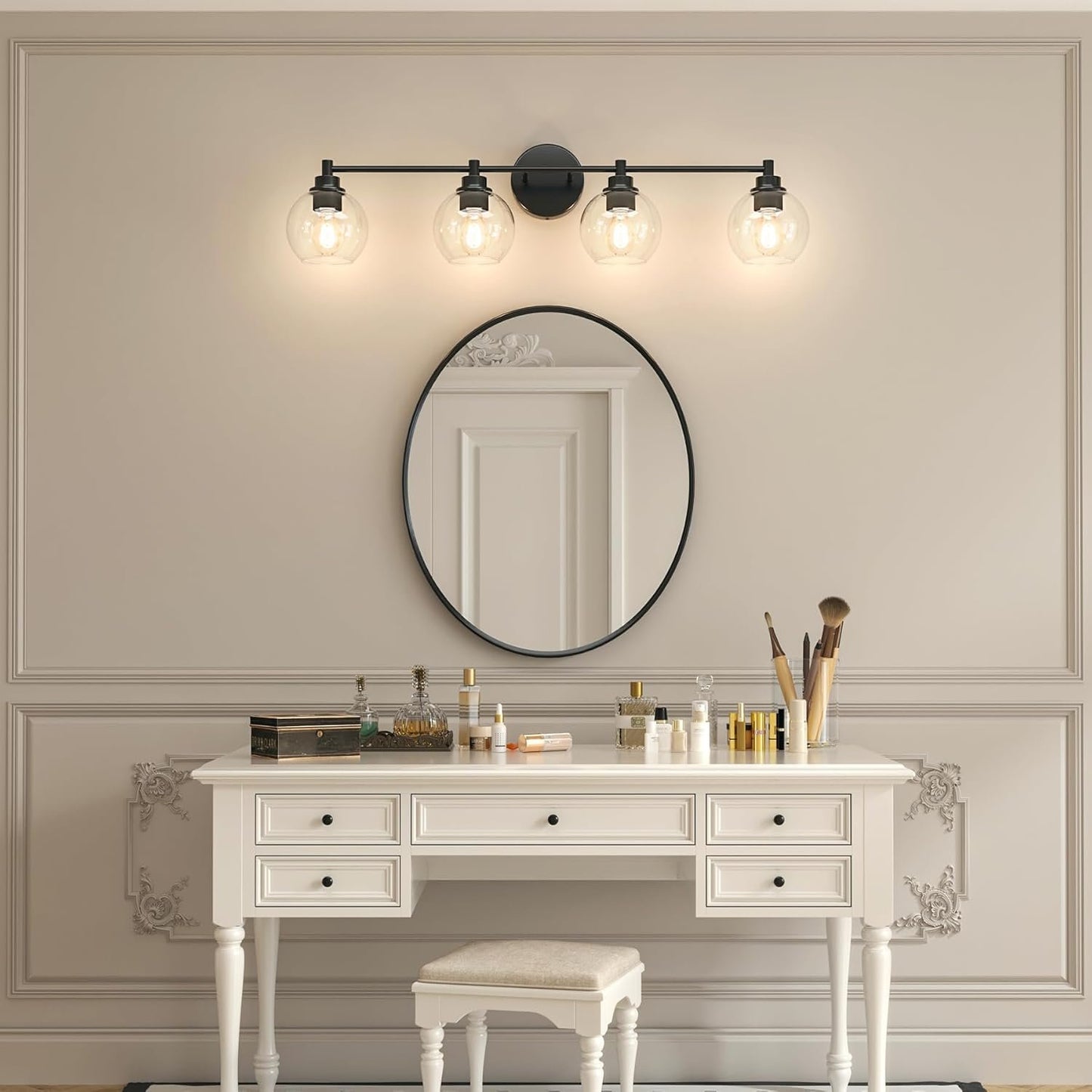 VONLUCE Bathroom Light Fixtures, 4-Light Bathroom Vanity Light with Globe Glass Shades E26 Sockets, Bathroom Lights Over Mirror for Bedroom Hallway Living Room, Black Finish