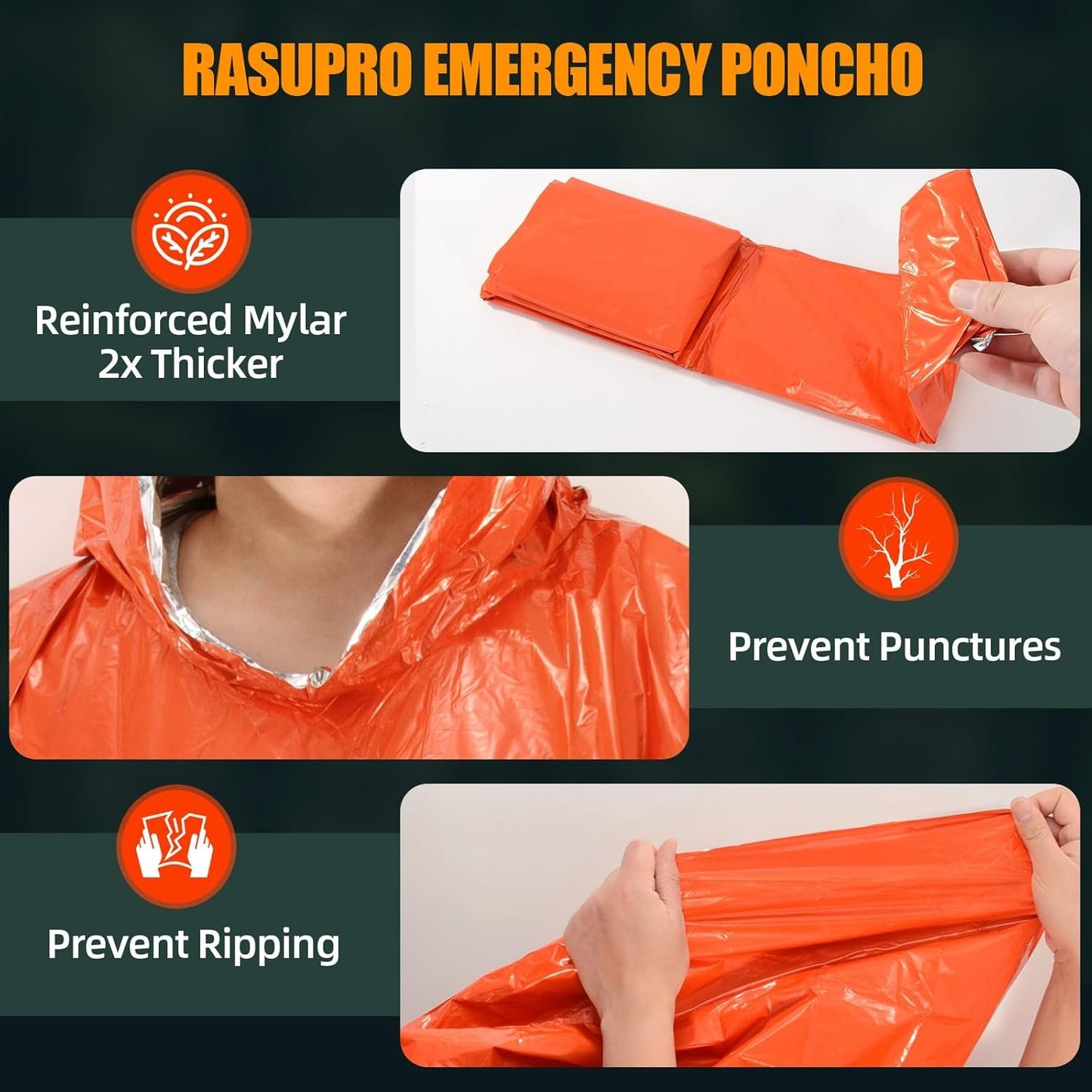 Rasupro 4 Pack Emergency Ponchos with Thickened Mylar Blanket Lining, Windproof, Waterproof, and Thermal Orange Survival Ponchos - Perfect for Outdoor Rescue, Family Camping Gear, Car Emergency Kits,