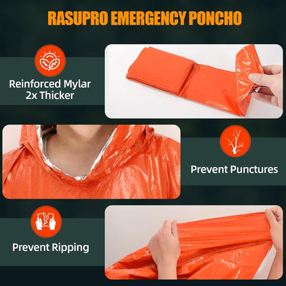Rasupro 4 Pack Emergency Ponchos with Thickened Mylar Blanket Lining, Windproof, Waterproof, and Thermal Orange Survival Ponchos - Perfect for Outdoor Rescue, Family Camping Gear, Car Emergency Kits,