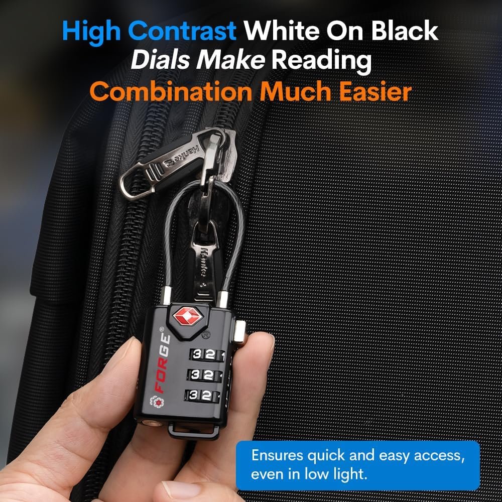 Forge TSA Approved Cable Luggage Locks - Black - Easy Read Dials with Alloy Body