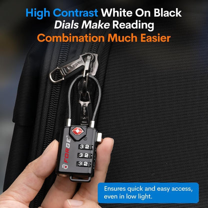 Forge TSA Approved Cable Luggage Locks - Black - Easy Read Dials with Alloy Body