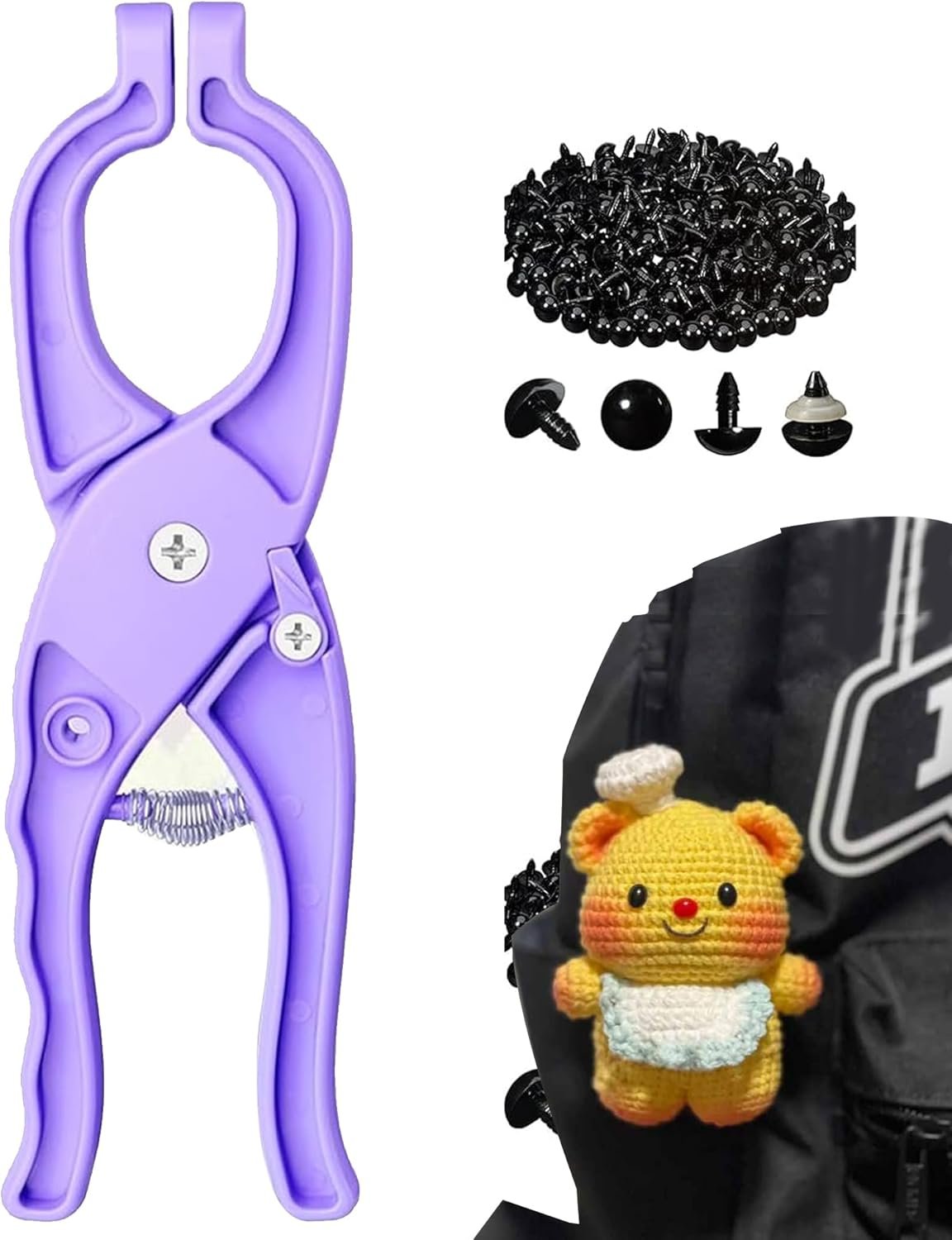 XANRONKJ Safety Eye Pliers Tool for Amigurumi, Safety Eye Snapper Crochet Tool Clamp & 100 PCS 6-12mm Safety Eyes for Amigurumi (Purple)