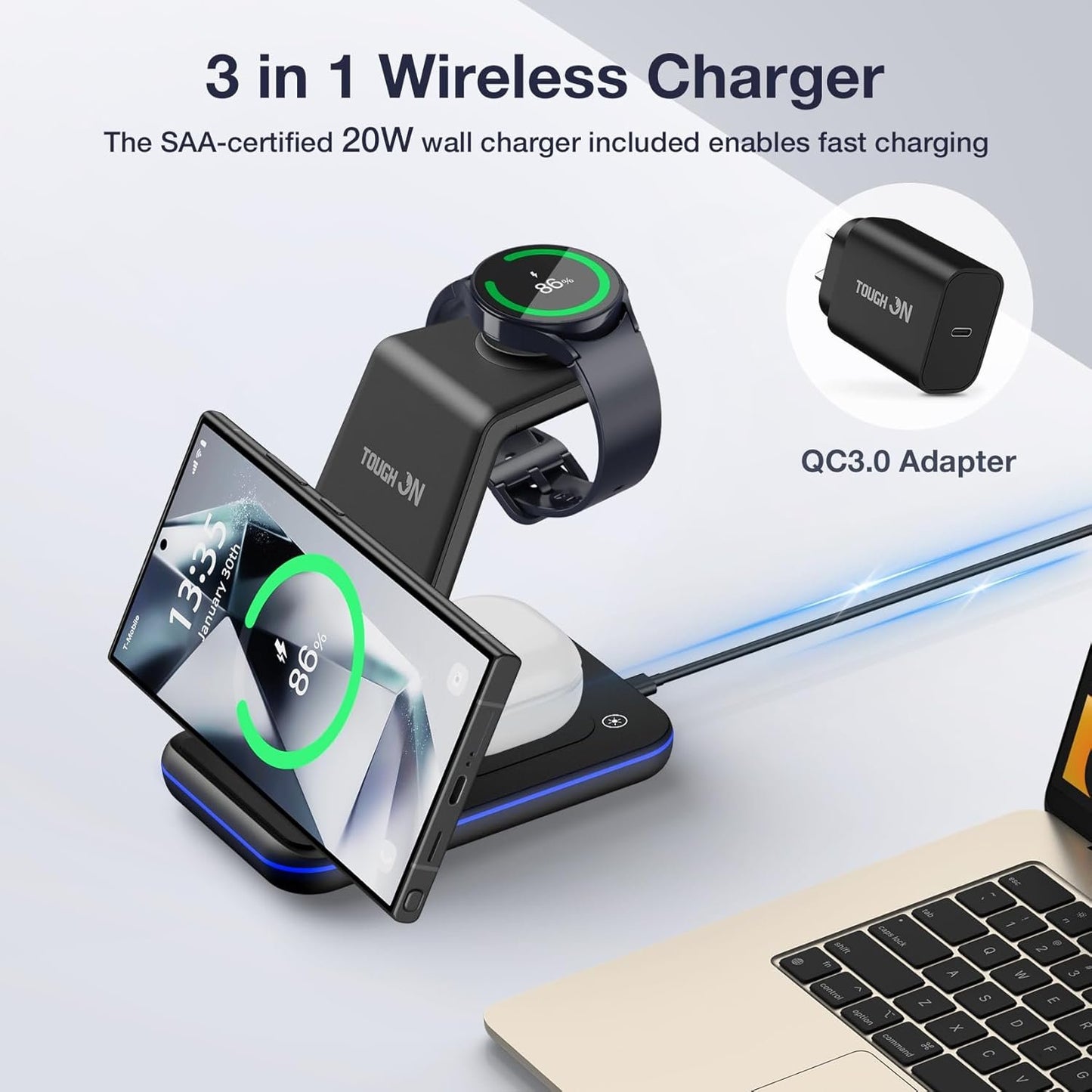 TOUGH ON Wireless Charger for Samsung, 3 in 1 Wireless Charging Station for Samsung Galaxy S25 S24 S23 S22 S20 Ultra Z Flip Fold 6/5/4/3 Galaxy Watch 7/6/5/4/3 Charging Station for Galaxy Buds