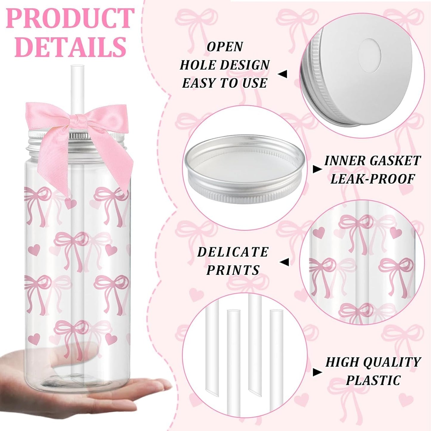 24 Pcs Pink Bow Plastic Bottle with Lid Twist Bow and 8 Straws,14oz Cute Drinkware for Women, Coquette Bow Bottle for Women Birthday Party Bridal Shower Wedding Supplies Decorative Bottles