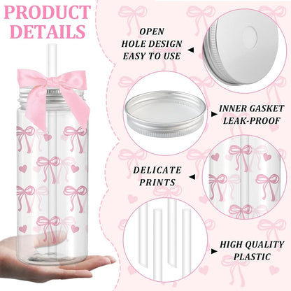 24 Pcs Pink Bow Plastic Bottle with Lid Twist Bow and 8 Straws,14oz Cute Drinkware for Women, Coquette Bow Bottle for Women Birthday Party Bridal Shower Wedding Supplies Decorative Bottles
