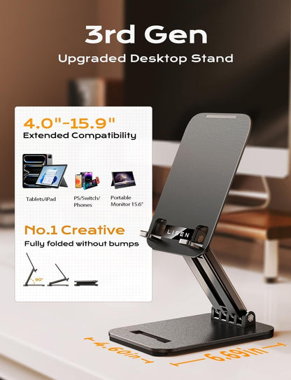 LISEN Tablet Stand for iPad Stand Holder Desk, Foldable Home Office Desk Accessories Travel for iPad Holder Dorm College Essentials Portable Monitor Stand Fits Tabs Kindle iPhone 4-15.9" Black