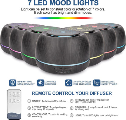 300ML Aroma Essential Oil Diffuser,8 Hours Wood Grain Cool Mist Aromatherapy Diffuser with Remote Control,USB-C Power Cable,Timer, 7 Color Light Changing Air Humidifier for Home,Bedroom