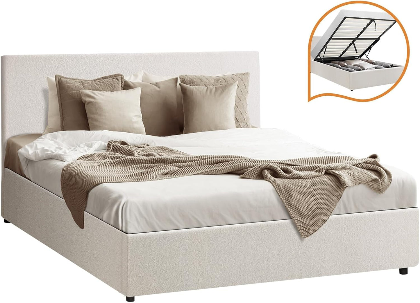 OIKITURE Bed Frame Gas Lift Base with Storage Space, Wooden Bed Frame Platform with Headboard White, Double Size, 195.5cm x 137cm x 88cm