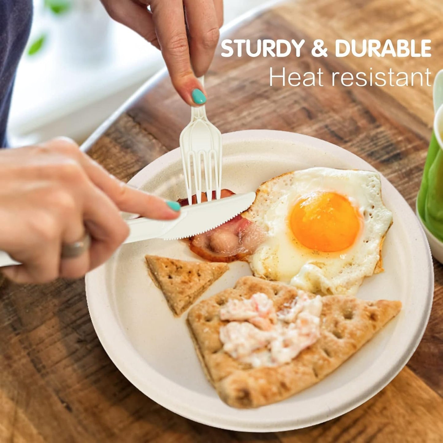 Gezond Compostable Cutlery Set 300 Pack Disposable Cutlery- 150 Forks 100 Spoons 50 Knives 7 Inch Biodegradable Utensils Set Heavy Duty Biodegradable Cutlery