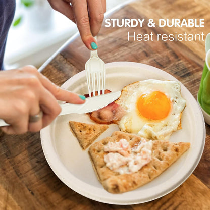 Gezond Compostable Cutlery Set 300 Pack Disposable Cutlery- 150 Forks 100 Spoons 50 Knives 7 Inch Biodegradable Utensils Set Heavy Duty Biodegradable Cutlery
