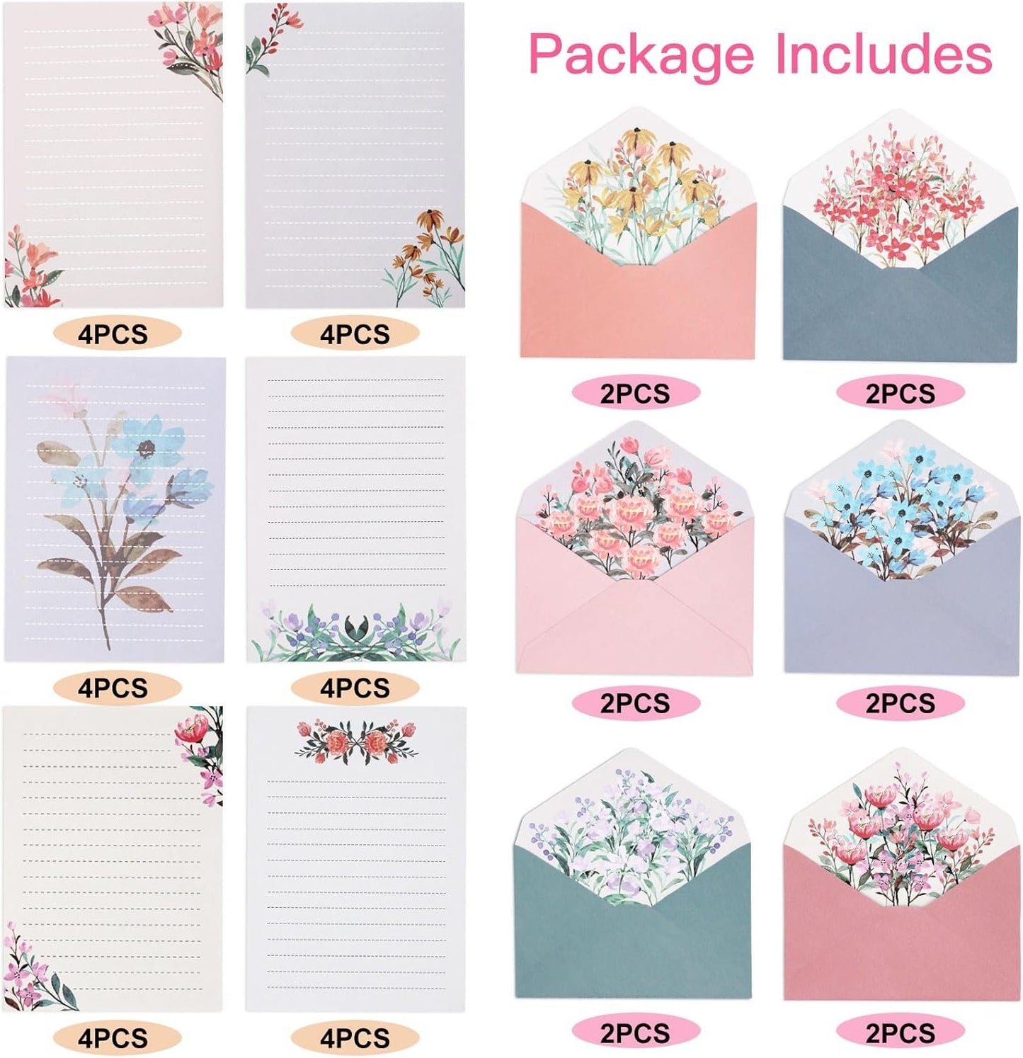 KSIWRE 36 PCS Writing Paper and Envelopes Set,Warm Floral Themed Stationary Set for Wedding Invitations Wishes,24 Lined Stationery Paper with 12 Envelops