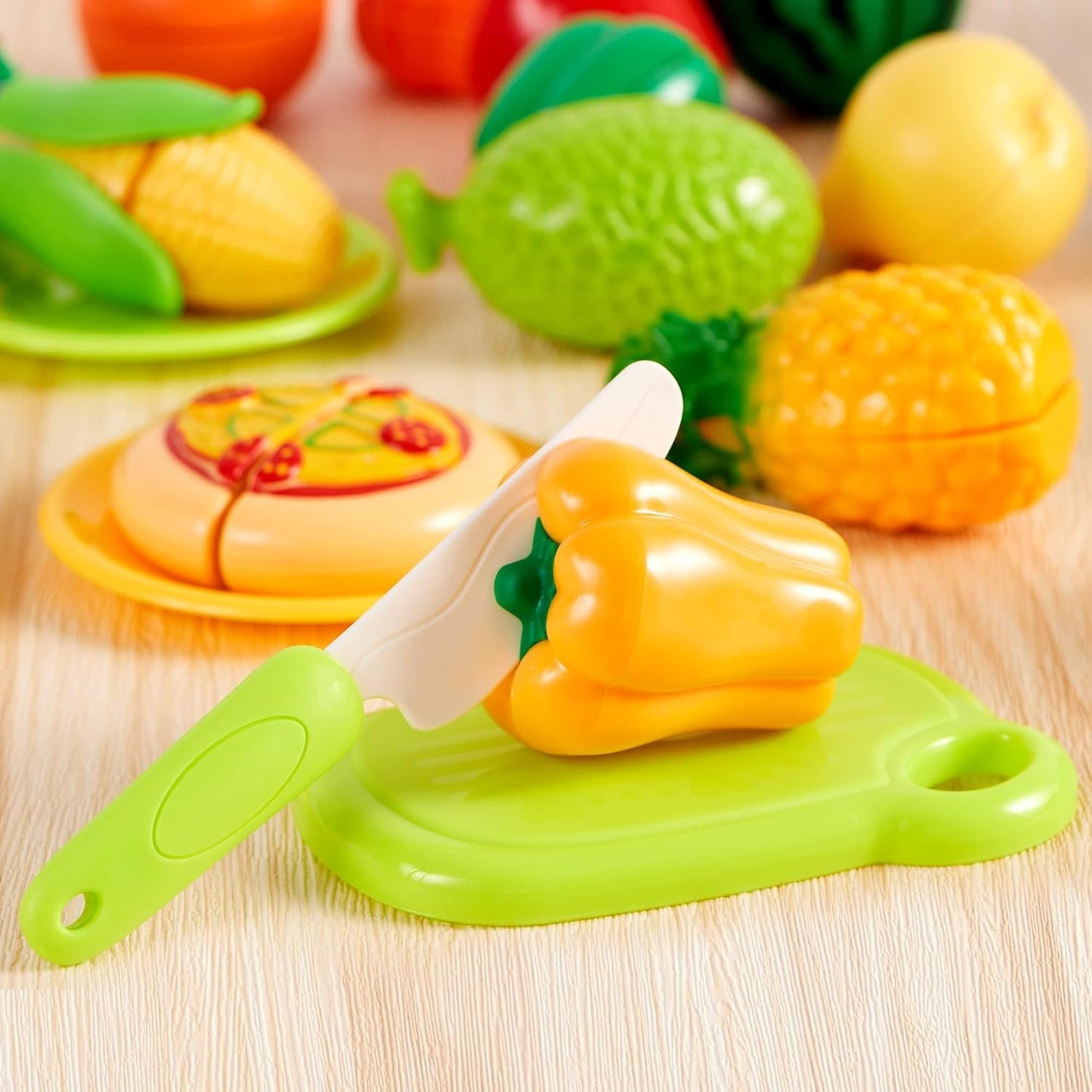 JOYIN 68Pcs Cutting Play Food Toy for Toddlers Kitchen, Fake Food for Kids Play Kitchen, Includes Plastic Fruit &Vegetables, Storage Basket, Mini Dishes and Knife, Pretend Play Toys, Toddler Gifts