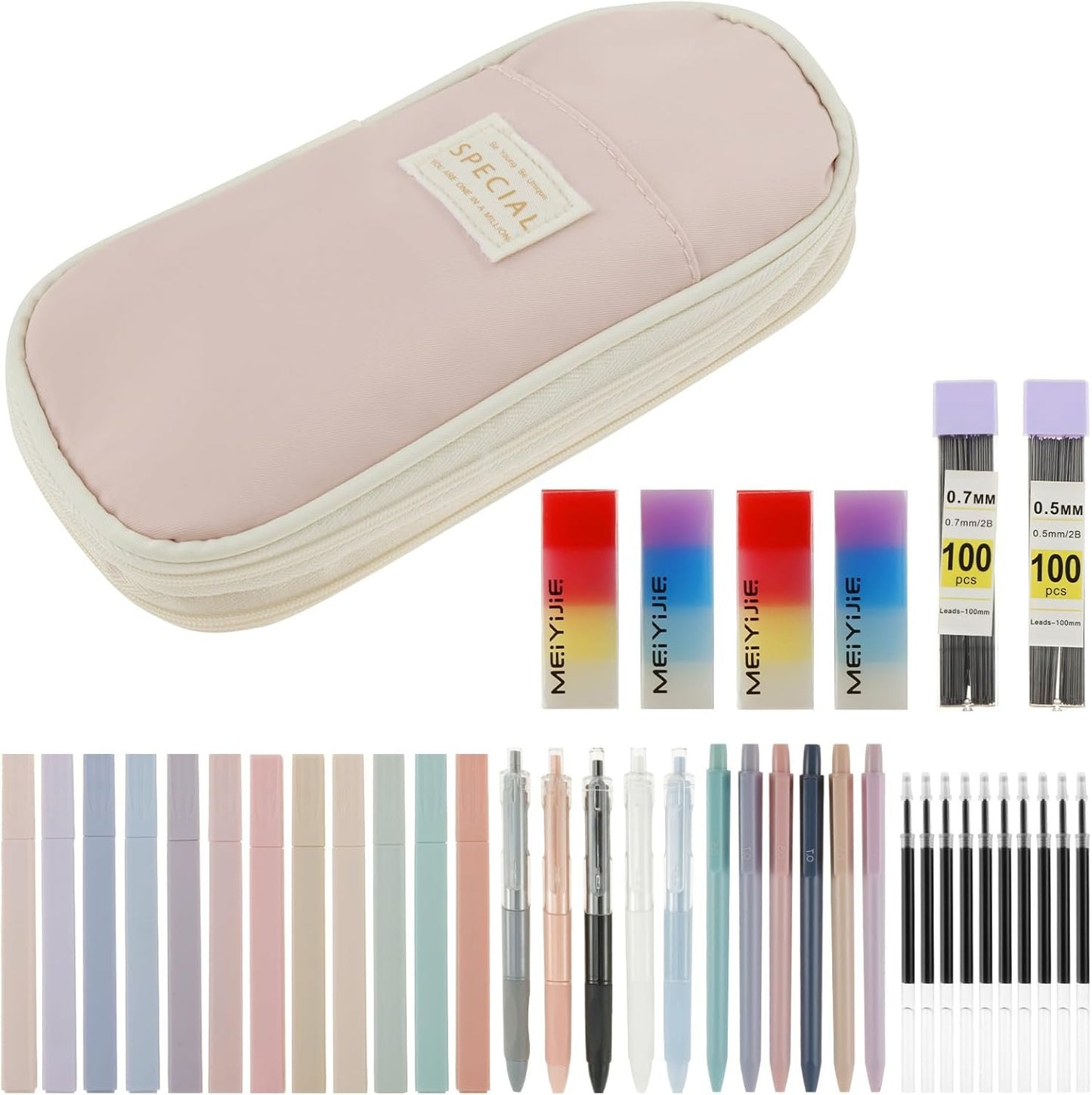 40Pcs Stationery Supplies Set, Multi-Purpose Pencil Case Includes Large Capacity Pen Pouch Bag, Mechanical Pencil, Lead Refill, Gel Ink Pen, Scissors, Ruler, Sharpener for School Supplies (Pink)